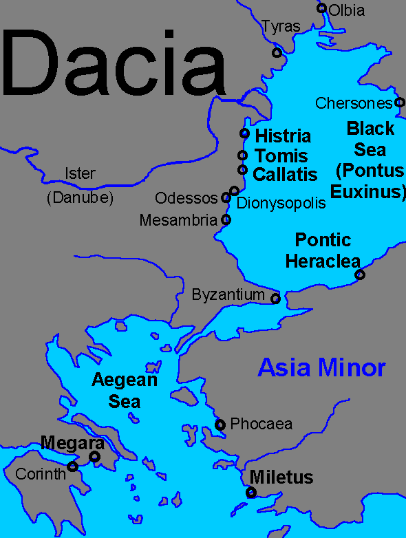 On the map you will find Histria, Tomis and Callatis; also cities Milet and Pontic Heraclea, whence the settlers that founded the colonies on the present day Romanian territory have come. Tyras - today Cetatea Alb - and Dionysopolis -  today Balcic - were another two Greek cities also on Romanian territory, but not anymore today.